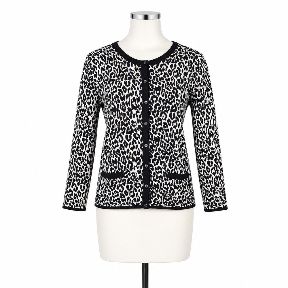 Lands End Leopard Print Cardigan Sweater Womens M Preppy Quiet Luxury Classic